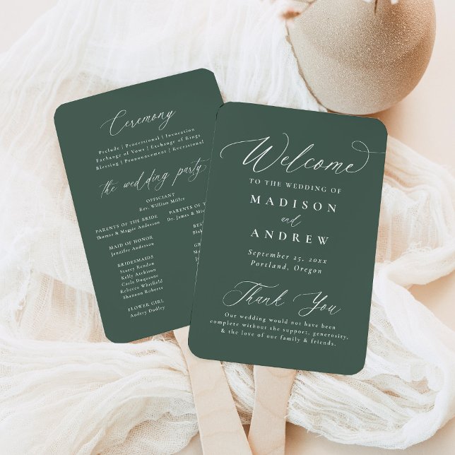 Abanico Programa de Boda Verde de Caligrafía Moderna y Ele (Subido por el creador)