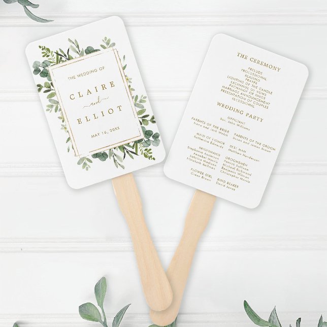Abanico Programa de Boda Verde Dorado Botánico (Front & Back)