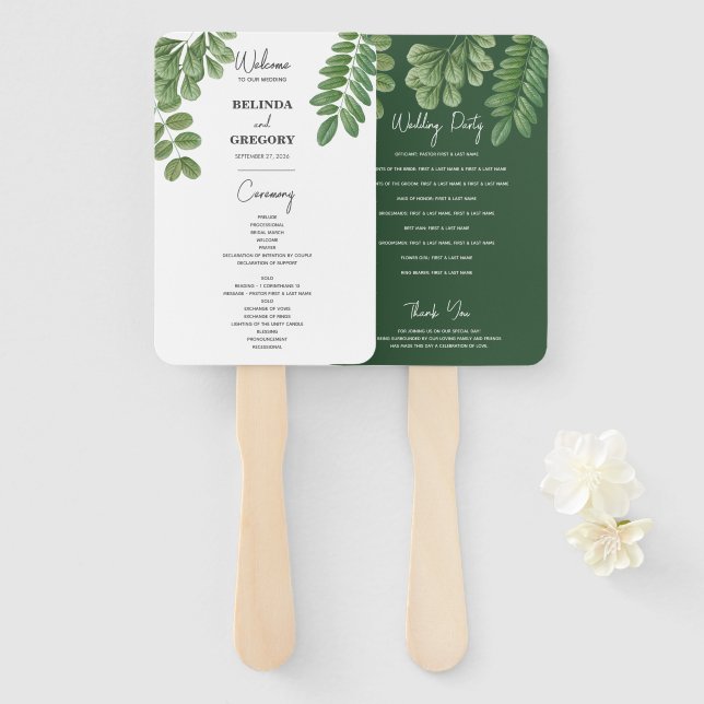 Abanico Programa de Boda Verde Esmeralda Acuarela (Anverso y reverso)