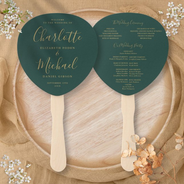 Abanico Programa de Boda Verde Esmeralda y Dorado (Emerald Green And Gold Wedding Program Hand Fan)