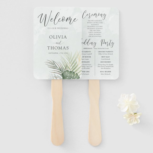 Abanico Programa de Boda Verde Palma Tropical (Anverso y reverso)