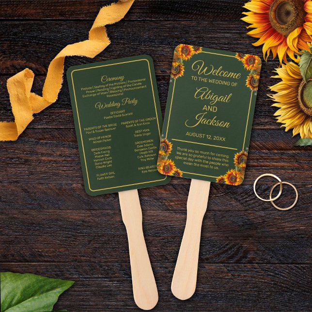 Abanico Programa de Boda Verde y Oro para Bodas de Girasol (Subido por el creador)