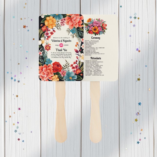 Abanico Programa de Boda Vibrante Fiesta Floral en Acuarel (Vibrant Watercolor Floral Fiesta Wedding Program Hand Fan)