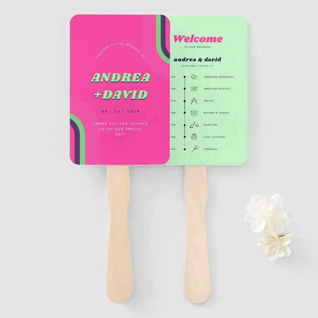 Abanico Programa de Boda Vibrante Retro Arcoíris Rosa Bril (Anverso y reverso)