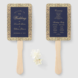 Abanico Programa de Boda Vintage Rosas Doradas Azul Marino