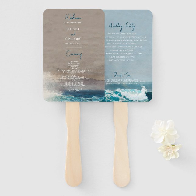 Abanico Programa de Boda Watercolor Beach Ocean Waves (Anverso y reverso)