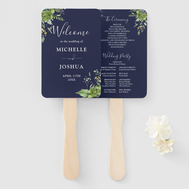 Abanico Programa de Bodas Azules de la Marina Floral Verde (Anverso y reverso)