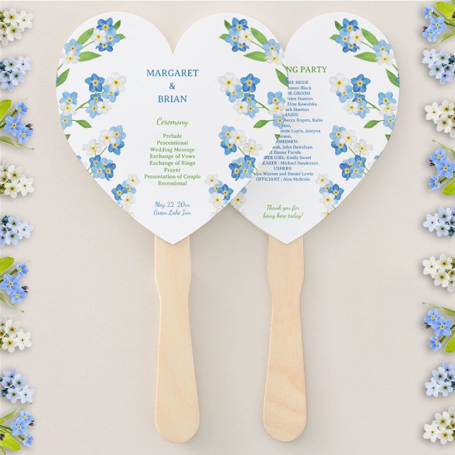 Abanico Programa de Bodas Azules y Blancas Olvidantes (Forget-Me-Nots Blue & White Watercolor Wedding Program Hand Fan)