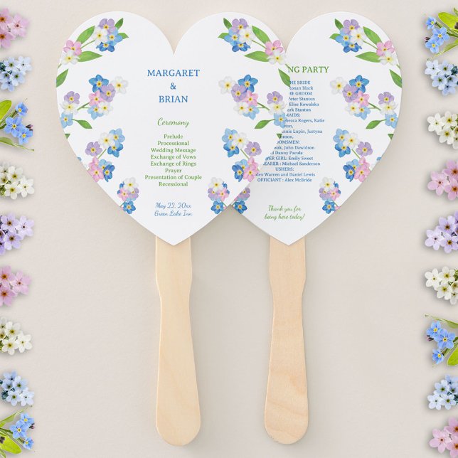 Abanico Programa de Bodas Azules y Rosa Olvidantes (Forget-Me-Not Blue & Pink Watercolor Wedding Program Hand Fan)