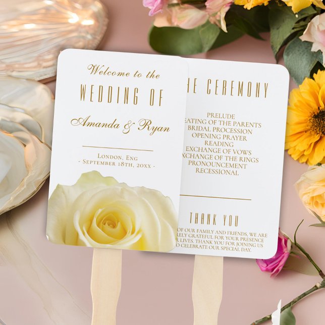 Abanico Programa de Bodas Blancas con Guión Dorado Rosa Fl (Subido por el creador)