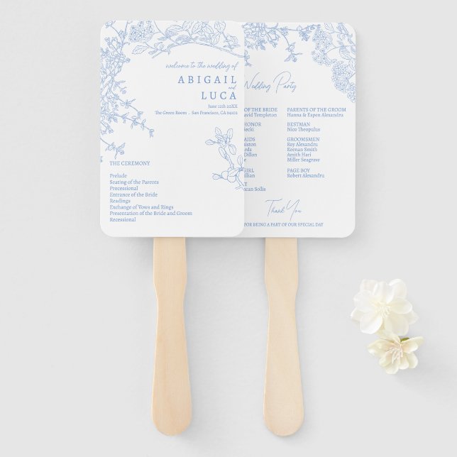 Abanico Programa de Bodas Blue Chinoiserie Toile de Jouy (Anverso y reverso)