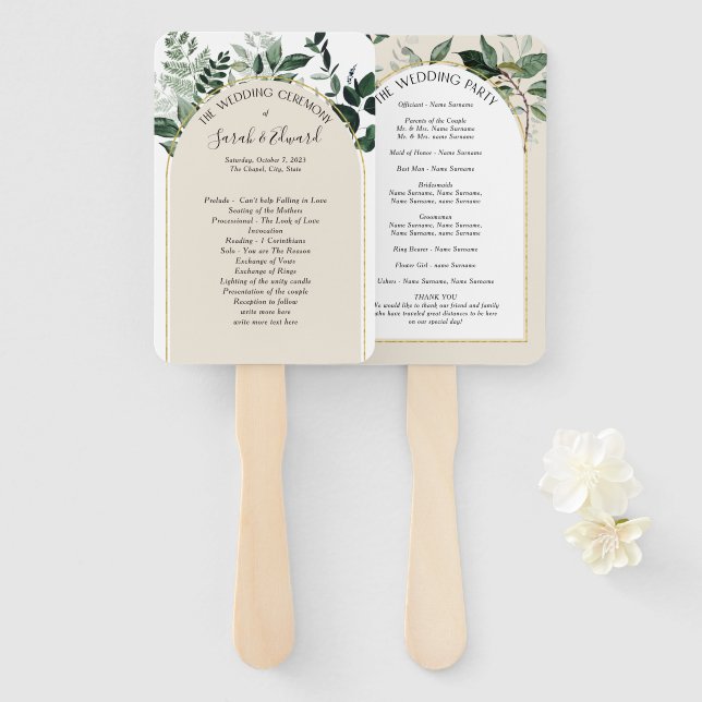Abanico Programa de bodas botánicas Beige Ivory Boho Arch (Anverso y reverso)