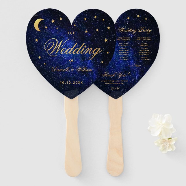 Abanico Programa de Bodas Celestes Gold Stars Moon Elegant (Anverso y reverso)