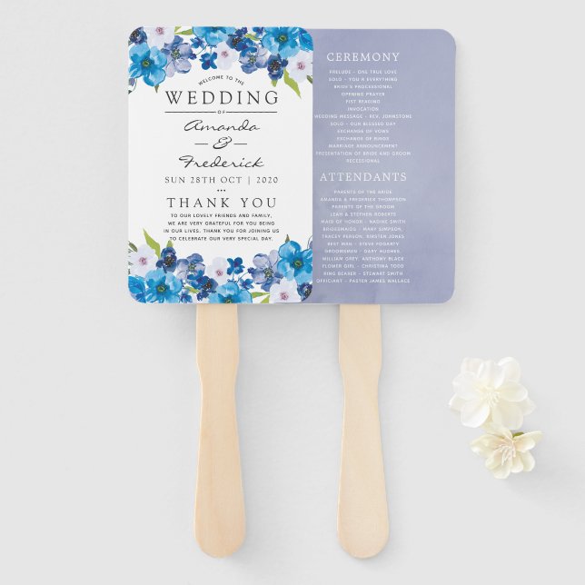 Abanico Programa de bodas con flores azules (Anverso y reverso)