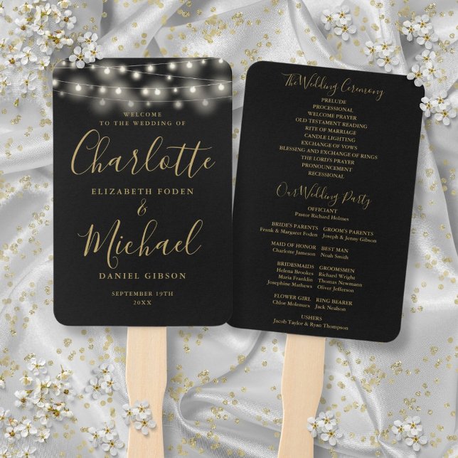 Abanico Programa de Bodas con Luces de Cuerda de Oro Negro (Black Gold String Lights Script Wedding Program Hand Fan)