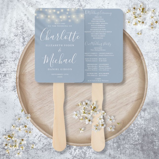 Abanico Programa de Bodas con Luces de Cuerda en Azul Polv (Dusty Blue String Lights Script Wedding Program Hand Fan)
