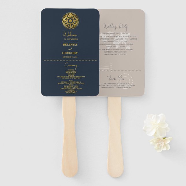 Abanico Programa de bodas con pasaporte y brújula de desti (Anverso y reverso)