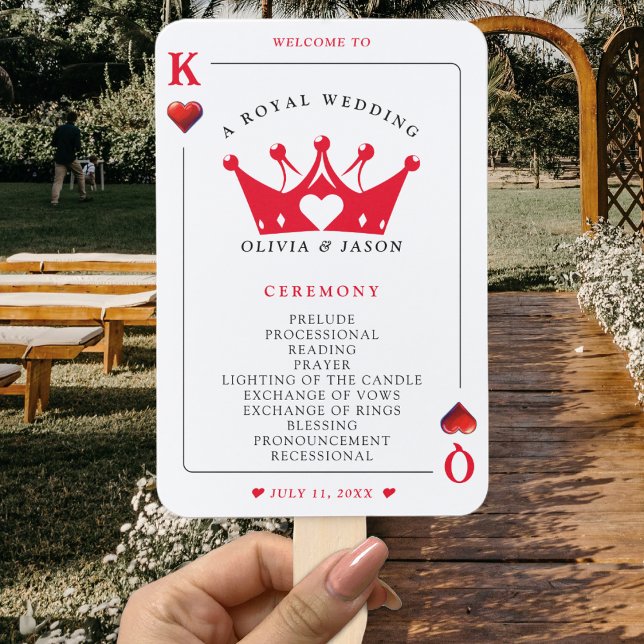 Abanico Programa de Bodas con Tarjeta de Poker Rey y Reina (King & Queen of Hearts Poker Card Wedding Program Hand Fan
)