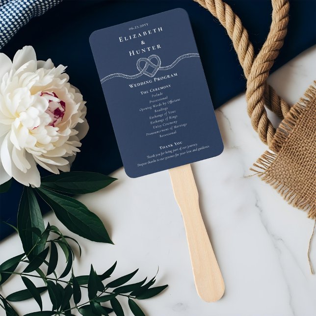 Abanico Programa de Bodas de Cuerda Anudada Corazón Azul M (Tying The Knot Rope Heart Navy Wedding Program Hand Fan)
