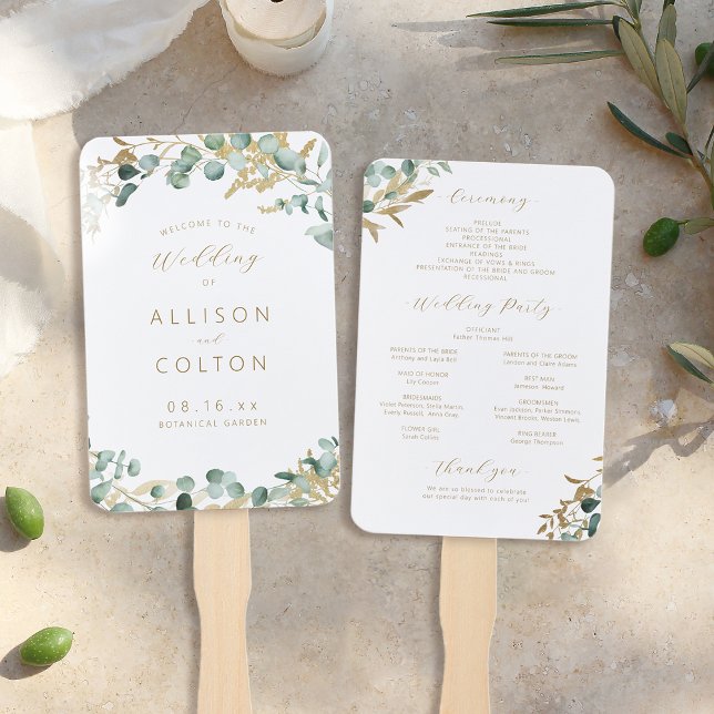 Abanico Programa de bodas de eucalipto rústico (Rustic eucalyptus greenery boho wedding program hand fan)