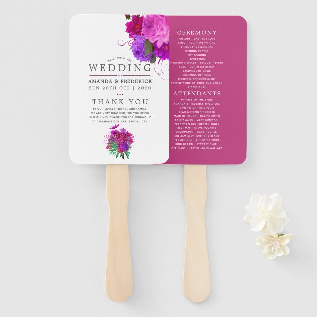 Abanico Programa de Bodas de Fuchsia y Shabby Púrpura (Anverso y reverso)