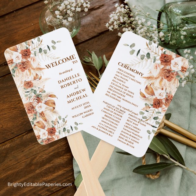 Abanico Programa de Bodas de Grass Terracotta Pampas (Brighten Your Wedding Day with Our Terracotta Pampas Grass Hand Fans.)