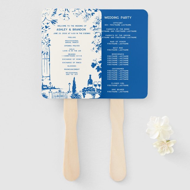Abanico Programa de Bodas de Jardín Europeo Azul Francés (Anverso y reverso)
