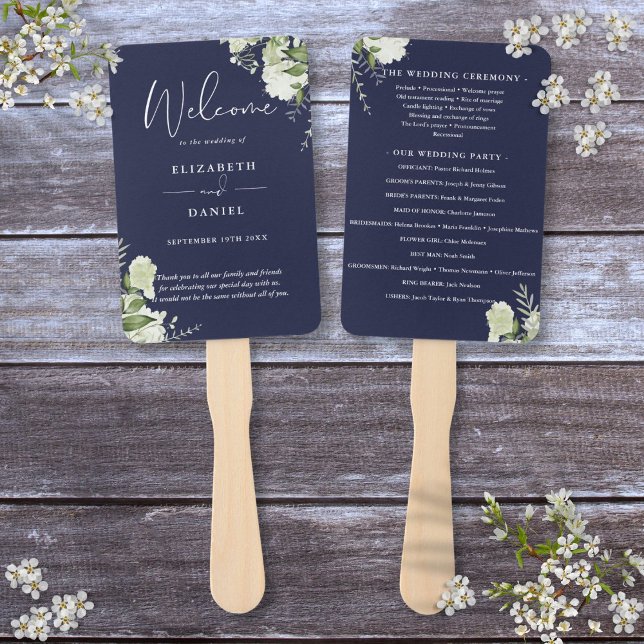 Abanico Programa de bodas de la Marina Floral Azul (Navy Blue Floral Greenery Wedding Program Hand Fan)