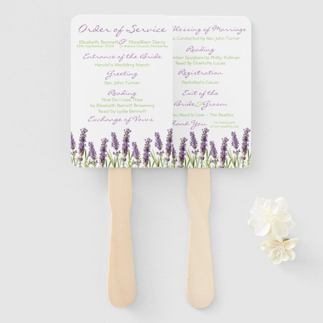 Abanico Programa de bodas de lavanda (Anverso y reverso)