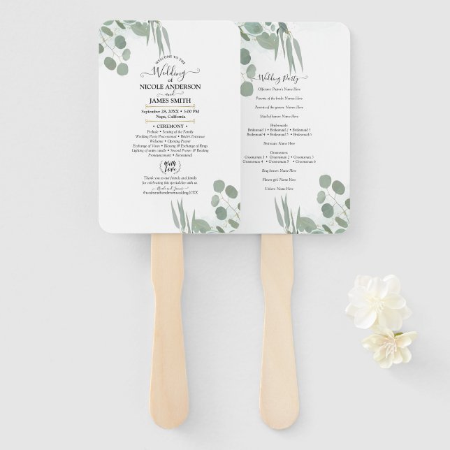 Abanico Programa de bodas de Moda moderna Eucalyptus Green (Anverso y reverso)