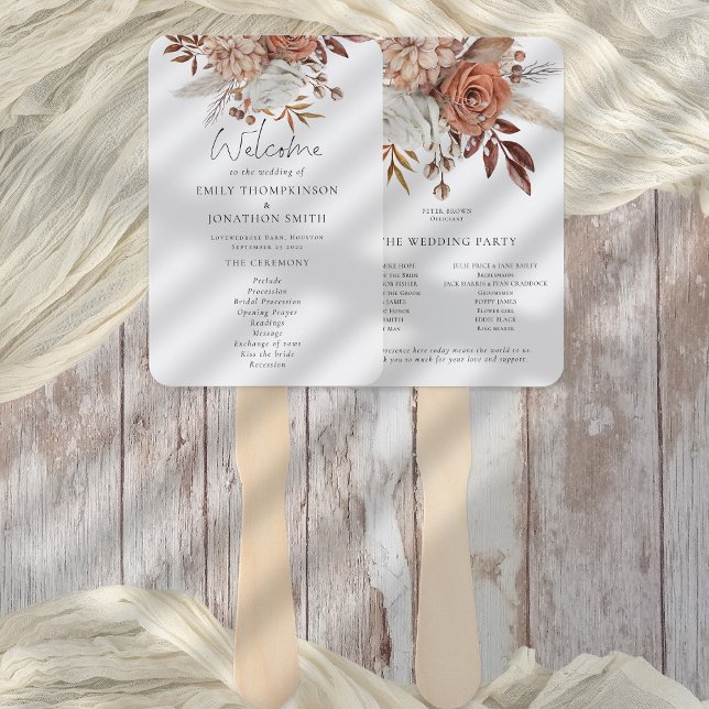 Abanico Programa de bodas de otoño rústico Terracotta Flor (Wedding program fan, front and back view. part of the Terracotta Florals Collection)