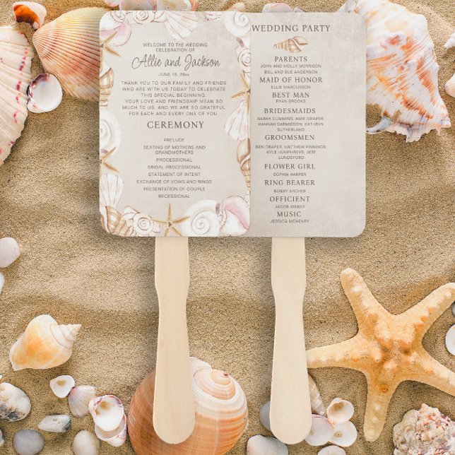 Abanico Programa de Bodas de Playa con Conchas de Arena y  (Wedding program/bridal party hand fan)