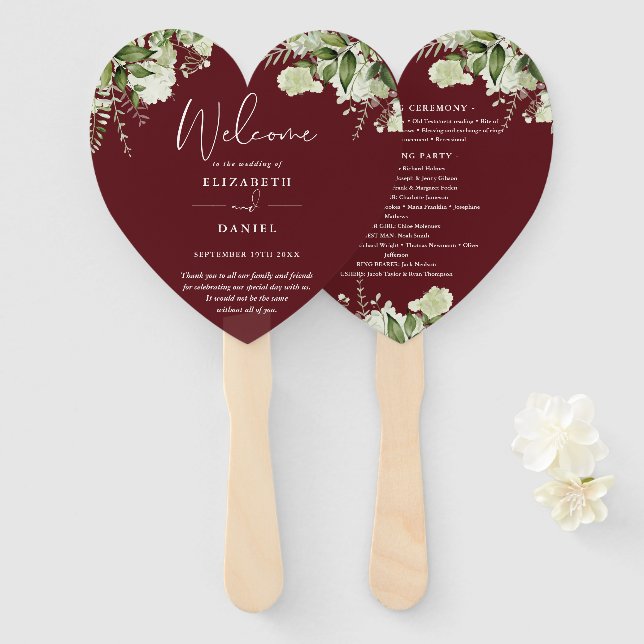 Abanico Programa de bodas de rosewood con vegetación rosa (Anverso y reverso)