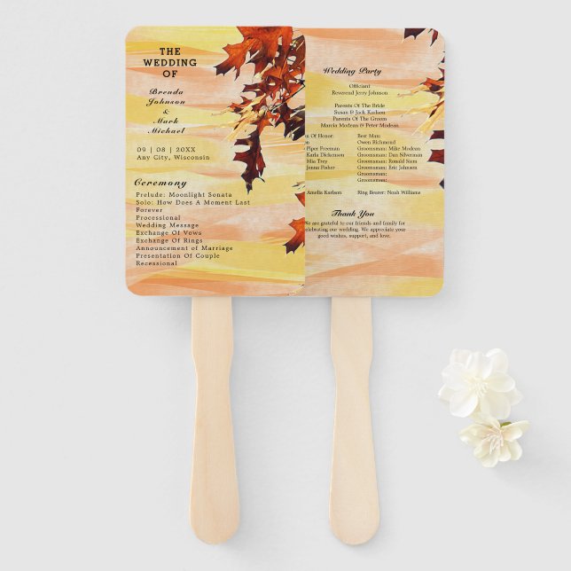 Abanico Programa de Bodas de Swirl Amarillo Naranja de Aut (Anverso y reverso)