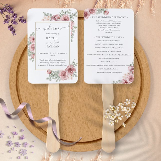 Abanico Programa de Bodas Elegantes con Rosa de Dusty Flor (Floral Dusty Rose Elegant Wedding Program Hand Fan)