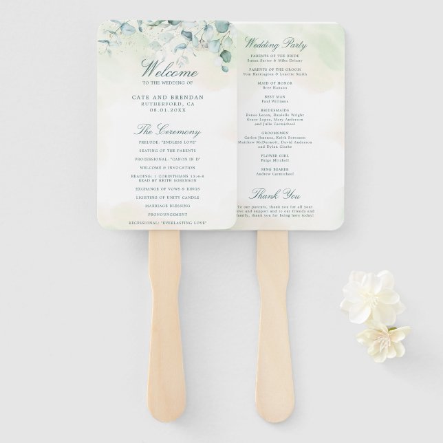 Abanico Programa de Bodas Elegantes Eucalyptus Greenery (Anverso y reverso)