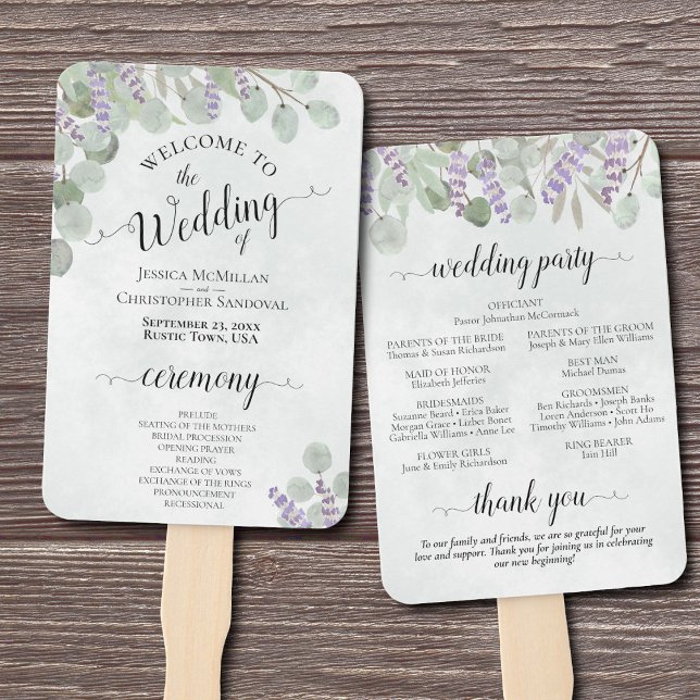 Abanico Programa de Bodas Elegantes Eucalyptus & Lavender (Front/Back)