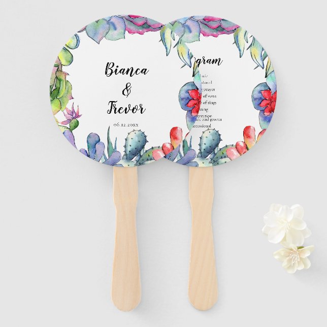 Abanico Programa de bodas en acuarela cacti y suculentas (Anverso y reverso)
