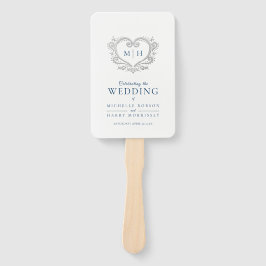 Abanico Programa de bodas en blanco y azul oscuro de coraz