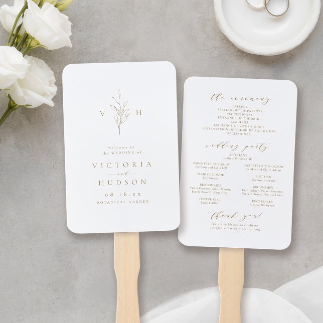 Abanico Programa de bodas en monograma botánico simple de  (Gold simple botanical monogram wedding program hand fan)