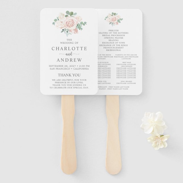 Abanico Programa de bodas Eucalyptus Rosa Rubor Pink Dusty (Anverso y reverso)