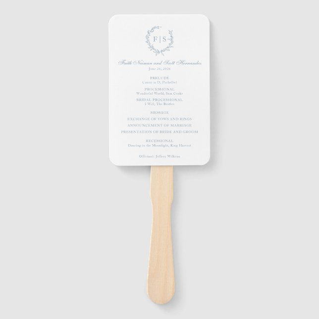 Abanico Programa de bodas Fan Light Blue Monograma Wreath (Anverso)