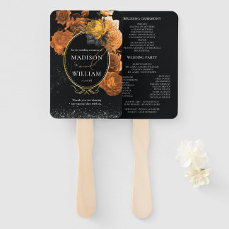 Abanico Programa de bodas Floral negra y Naranja