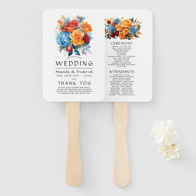 Abanico Programa de Bodas Florales Azules, Naranjas, Amari (Anverso y reverso)