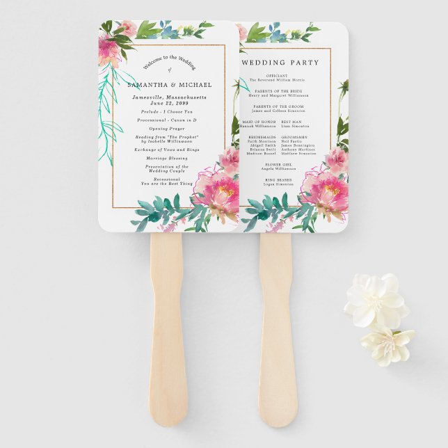 Abanico Programa de Bodas Florales de Peones Rosa DIY (Anverso y reverso)