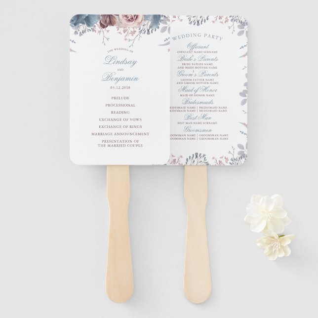 Abanico Programa de Bodas Florales Dusty Blue y Mauve (Anverso y reverso)