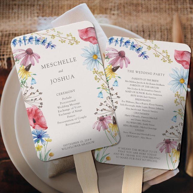 Abanico Programa de Bodas Florales en el País con Encanto  (Program Fans with wildflower border and editable information on the front and back)