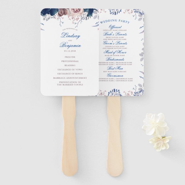 Abanico Programa de Bodas Florales Navy Azul Mauve (Anverso y reverso)