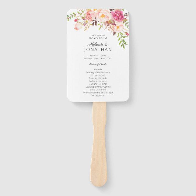 Abanico Programa de bodas florales rosadas en flor de Rubo (Anverso)