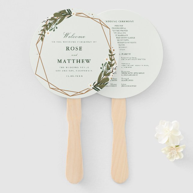 Abanico Programa de bodas florales y geométricas (Anverso y reverso)